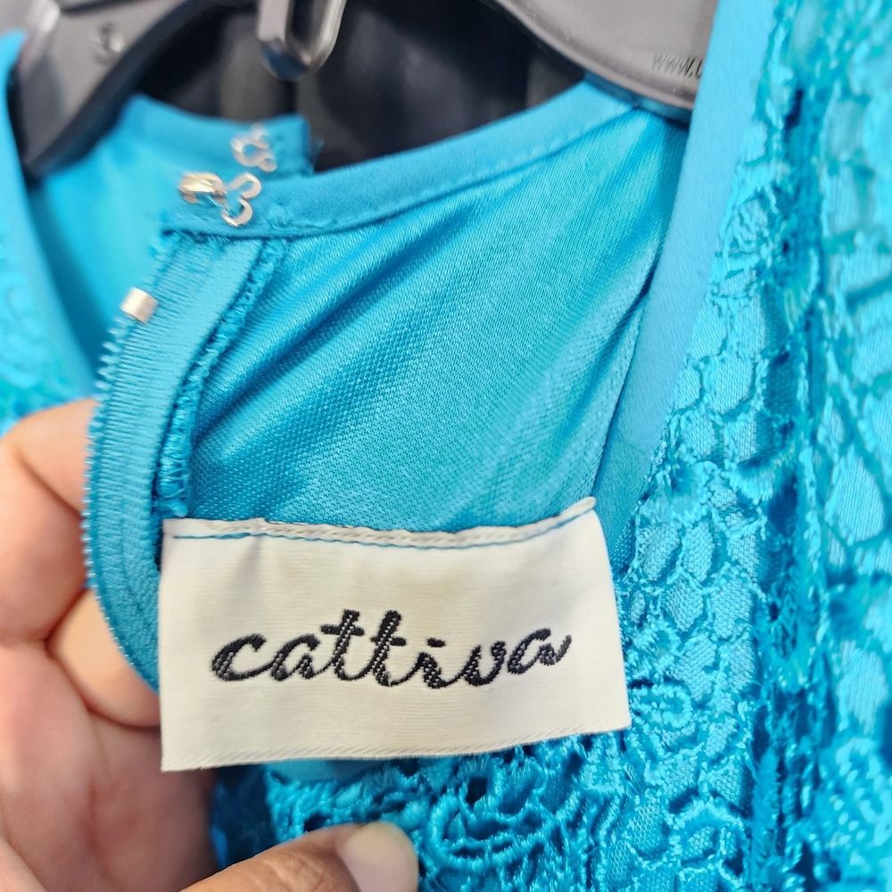 Cattiva Vintage Turquoise Blue Tiered Floral Guipure Lace Evening Gown 12 USA‎ - Picture 5 of 8